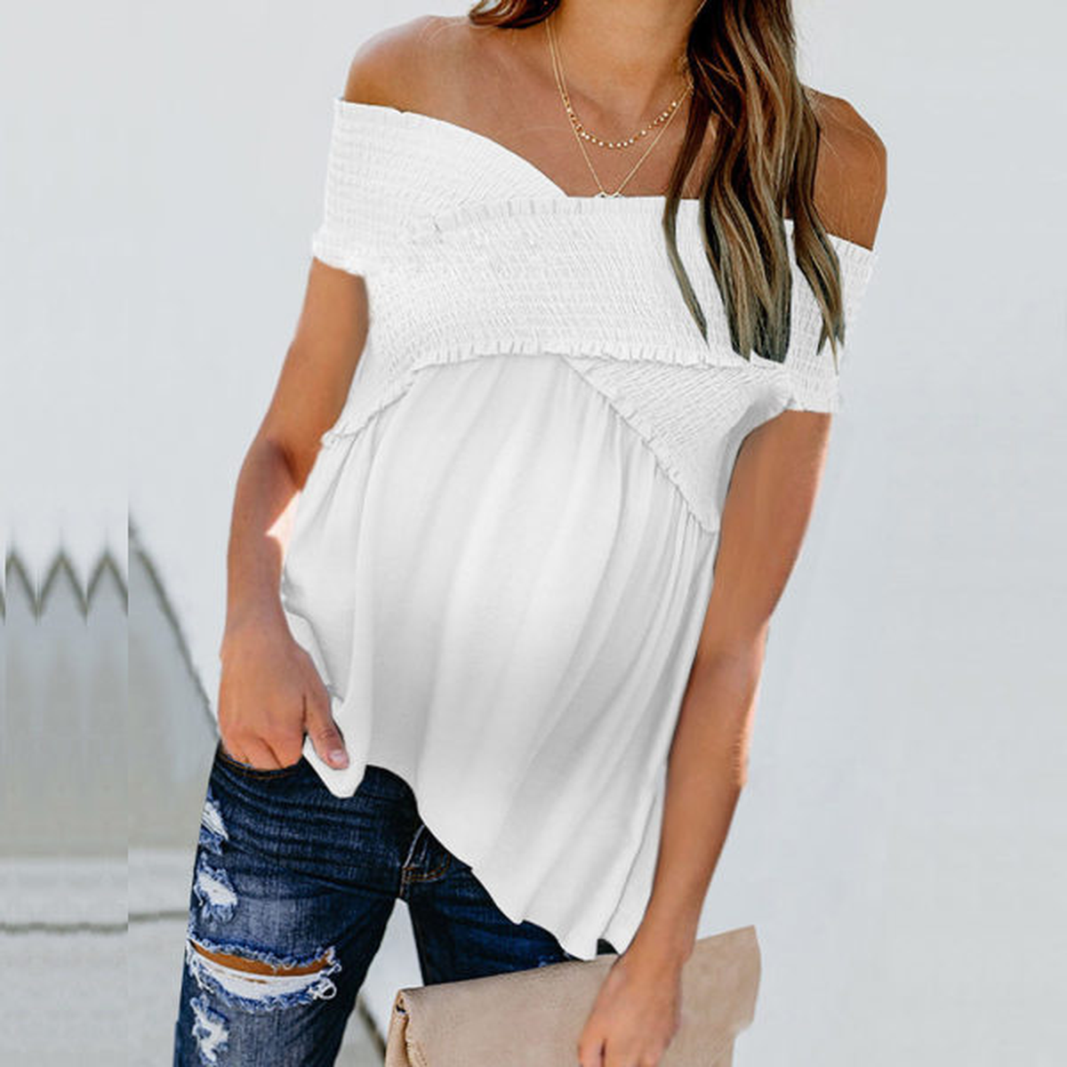 Maternity Smocked Off Shoulder Ruffled T-Shirt - dianjiang-