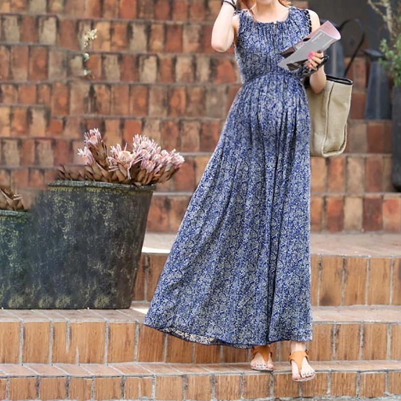 Maternity Sleeveless Floral Wavy Maxi Dress - dianjiang-