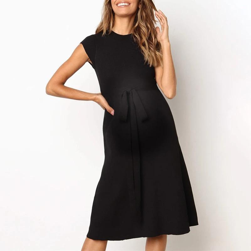 Maternity Casual Round Neck Sleeveless Pure Colour Belted Dress - dianjiang-