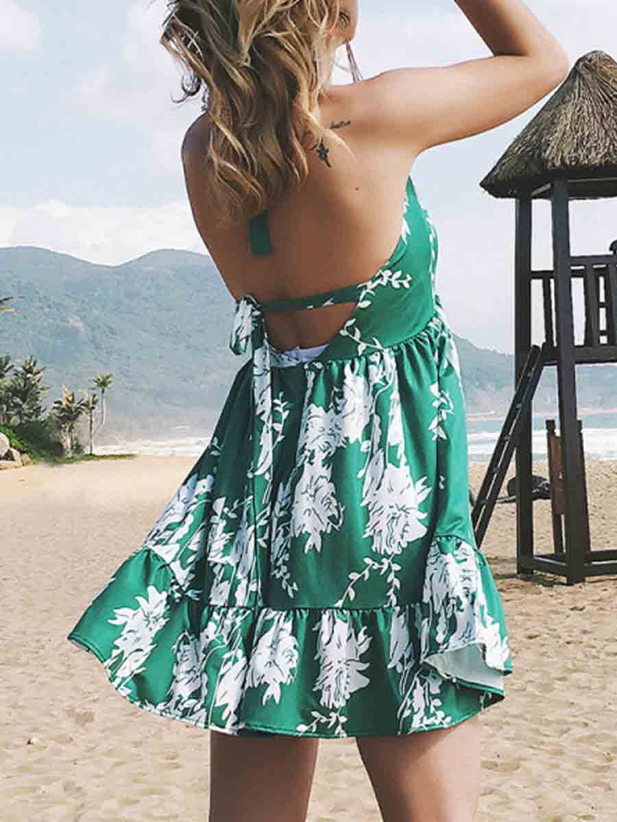 Maternity V-Neck Backless Beach Casual Print Dress - dianjiang-