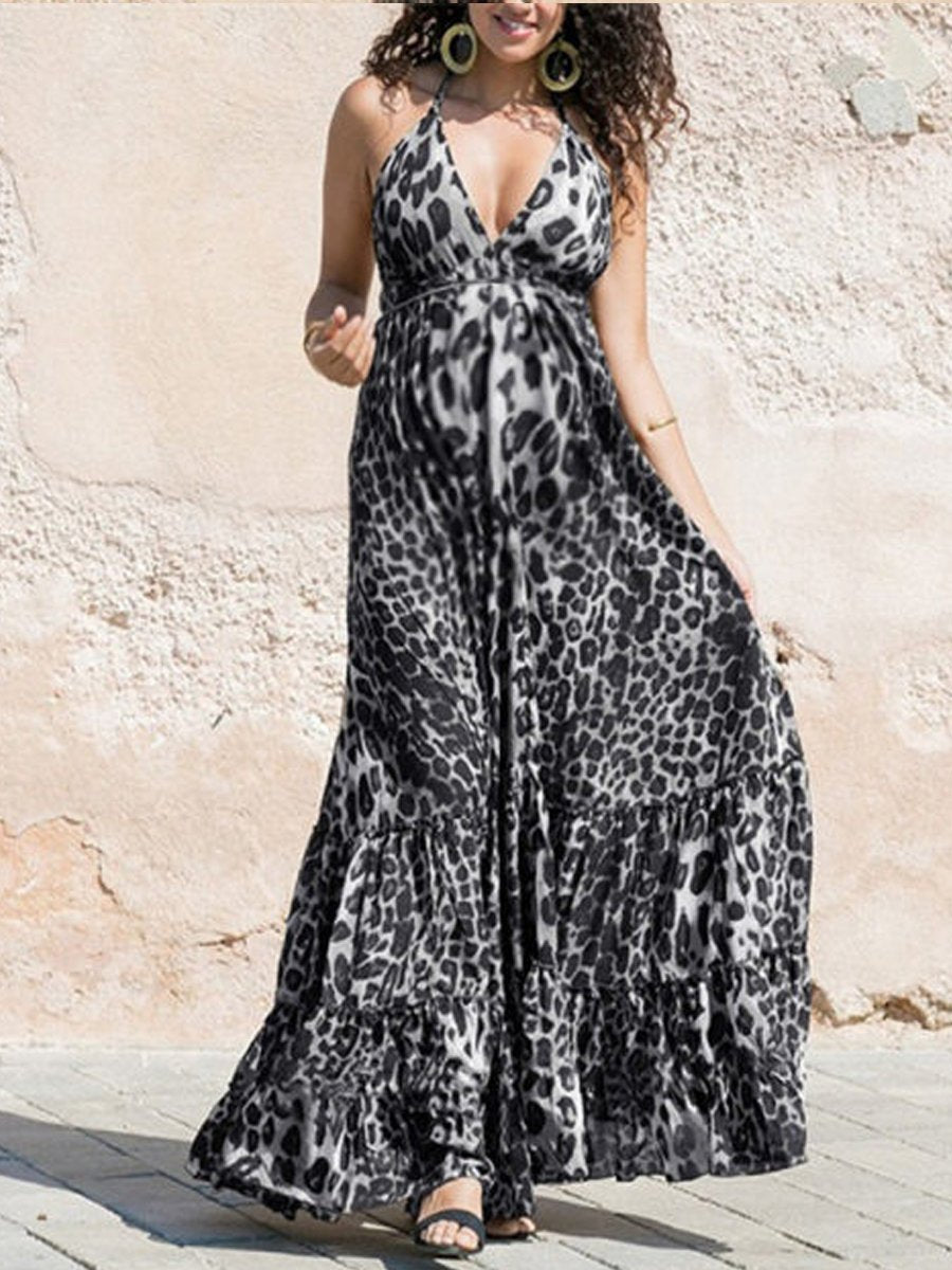 Maternity V-Neck Leopard Printed Slip Maxi Dress - dianjiang-