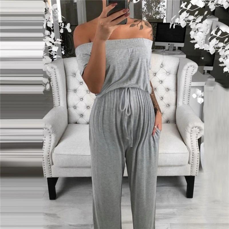 Maternity Casual Pure Color Word Collar Jumpsuit - dianjiang-