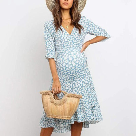 Maternity V-Neck Floral Casual Ruffled Dress - dianjiang-