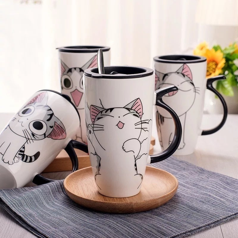 600ml Cute Cat Ceramics Coffee Mug With Lid Large Capacity Animal Mugs creative Drinkware Coffee Tea Cups Novelty Gifts milk cup - dianjiang-