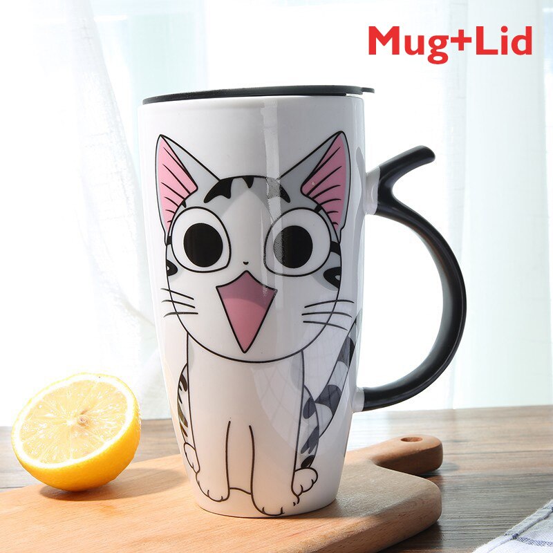 600ml Cute Cat Ceramics Coffee Mug With Lid Large Capacity Animal Mugs creative Drinkware Coffee Tea Cups Novelty Gifts milk cup - dianjiang-