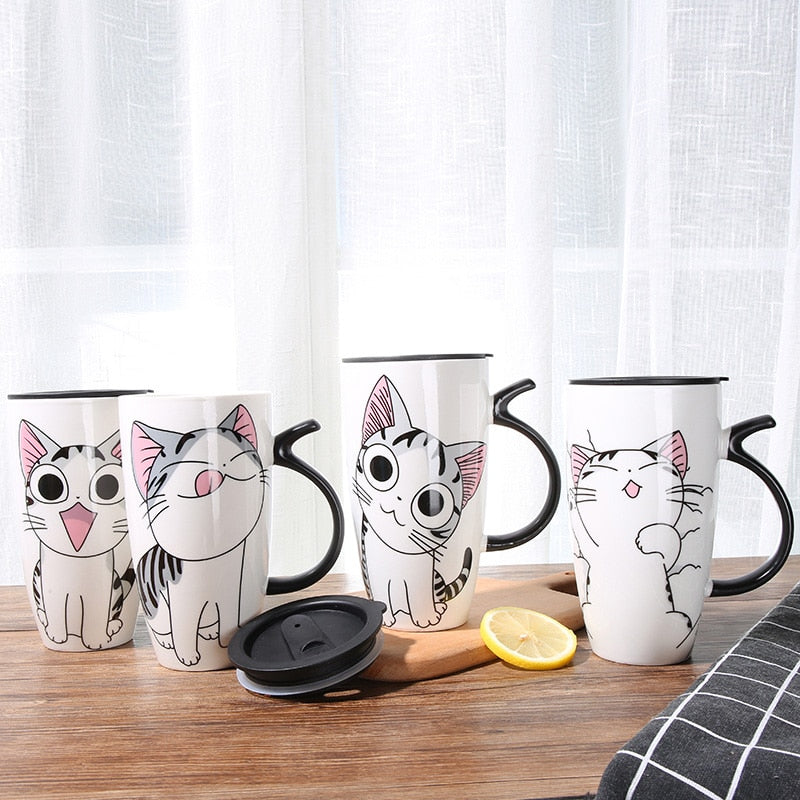 600ml Cute Cat Ceramics Coffee Mug With Lid Large Capacity Animal Mugs creative Drinkware Coffee Tea Cups Novelty Gifts milk cup - dianjiang-