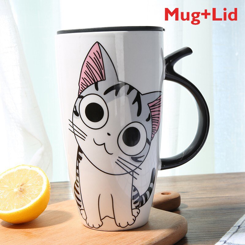 600ml Cute Cat Ceramics Coffee Mug With Lid Large Capacity Animal Mugs creative Drinkware Coffee Tea Cups Novelty Gifts milk cup - dianjiang-