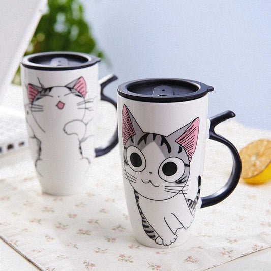 600ml Cute Cat Ceramics Coffee Mug With Lid Large Capacity Animal Mugs creative Drinkware Coffee Tea Cups Novelty Gifts milk cup - dianjiang-