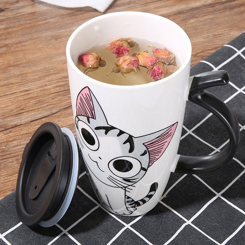 600ml Cute Cat Ceramics Coffee Mug With Lid Large Capacity Animal Mugs creative Drinkware Coffee Tea Cups Novelty Gifts milk cup - dianjiang-