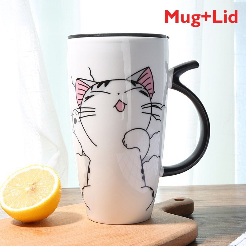 600ml Cute Cat Ceramics Coffee Mug With Lid Large Capacity Animal Mugs creative Drinkware Coffee Tea Cups Novelty Gifts milk cup - dianjiang-