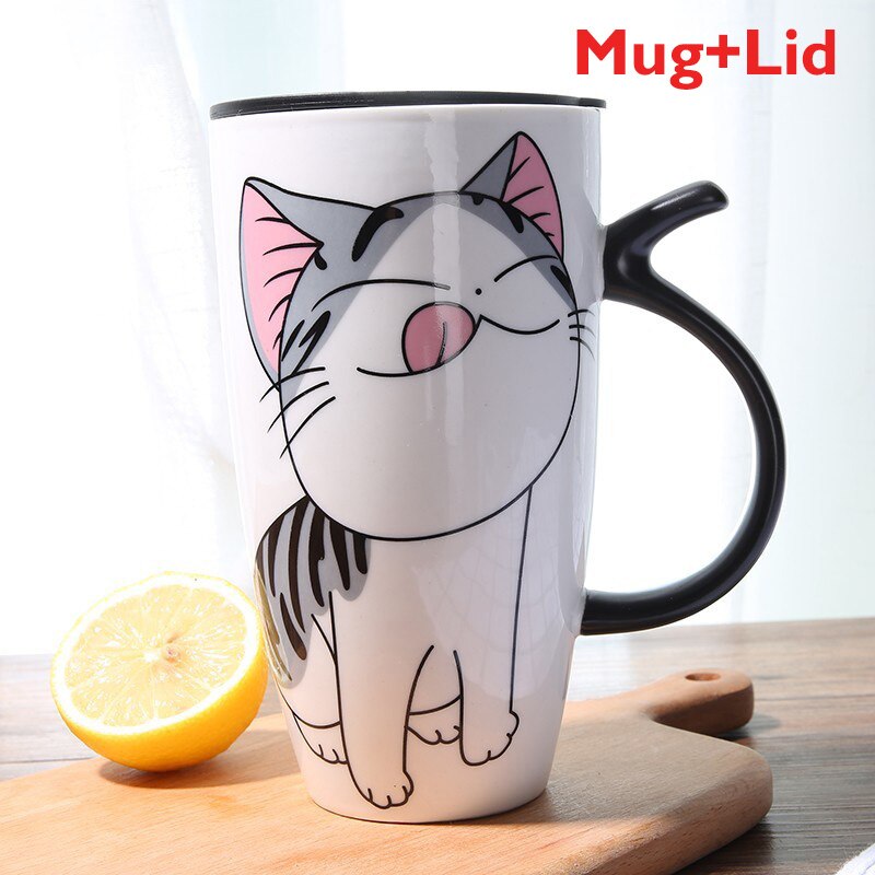 600ml Cute Cat Ceramics Coffee Mug With Lid Large Capacity Animal Mugs creative Drinkware Coffee Tea Cups Novelty Gifts milk cup - dianjiang-