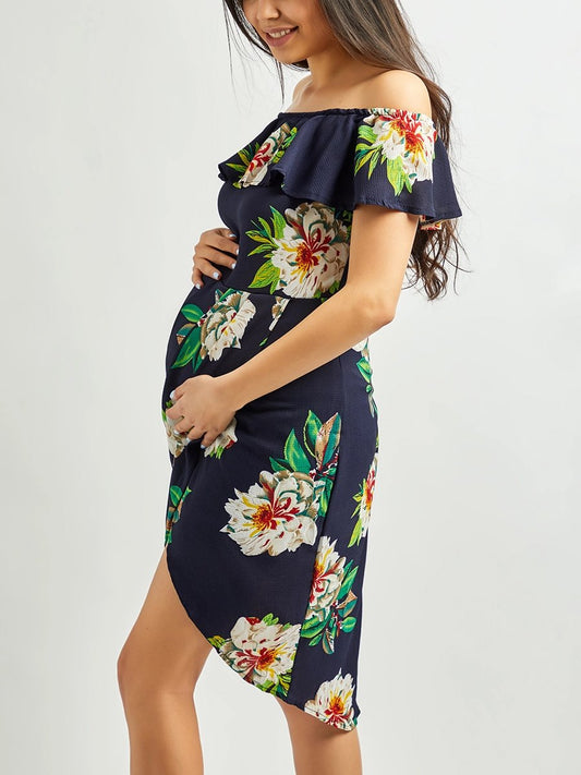 Maternity Ruffled One-Line Collar Irregular Printed Chiffon Dress - dianjiang-