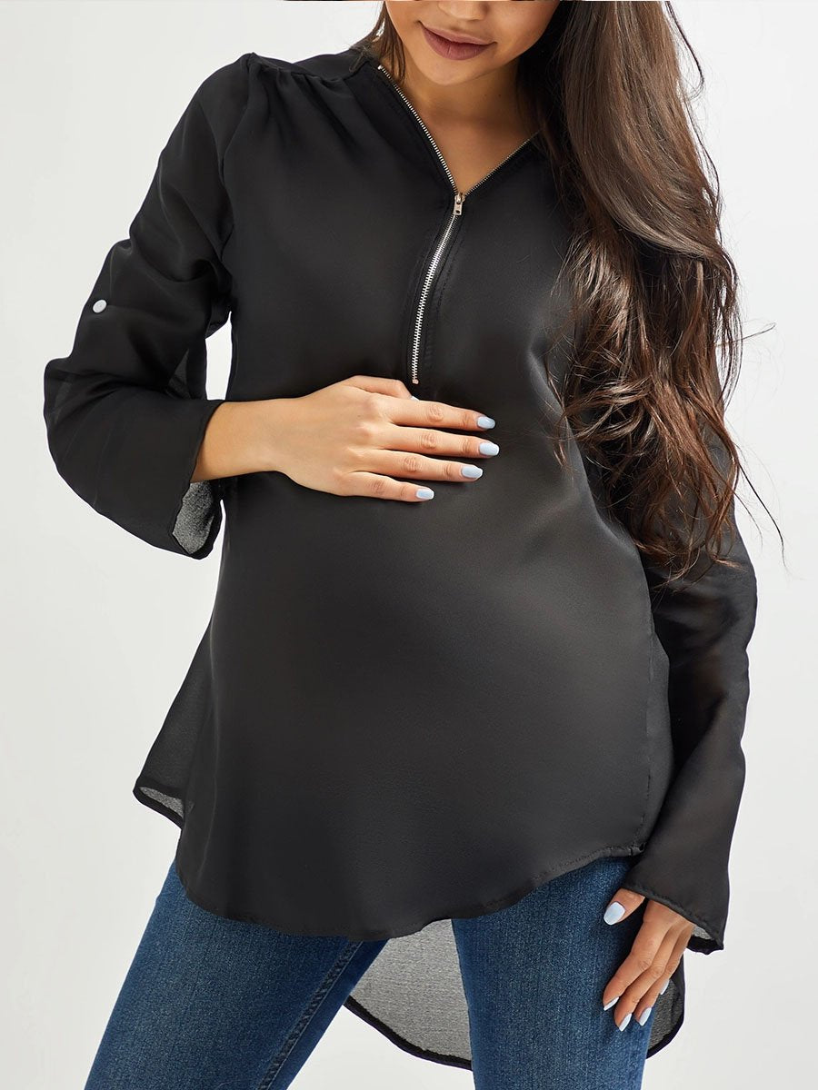 Maternity V Neck Zipper Patchwork Plain Blouses - dianjiang-