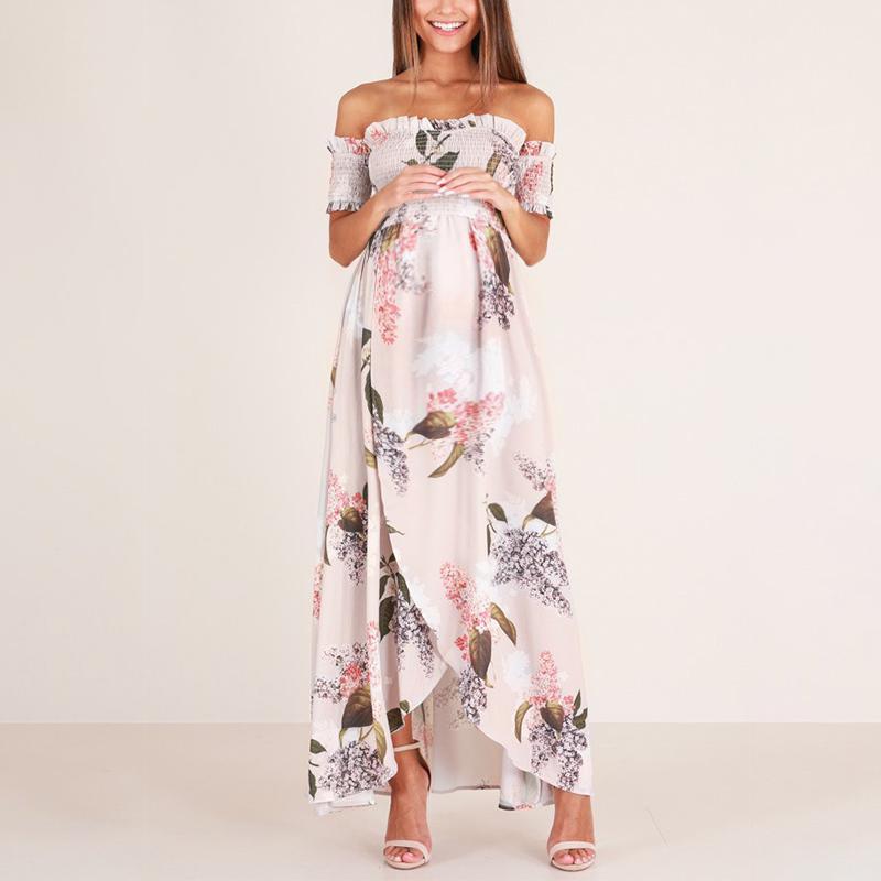 Maternity Printed Off The Shoulder Maxi Dress - dianjiang-