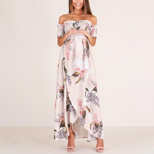 Maternity Printed Off The Shoulder Maxi Dress - dianjiang-