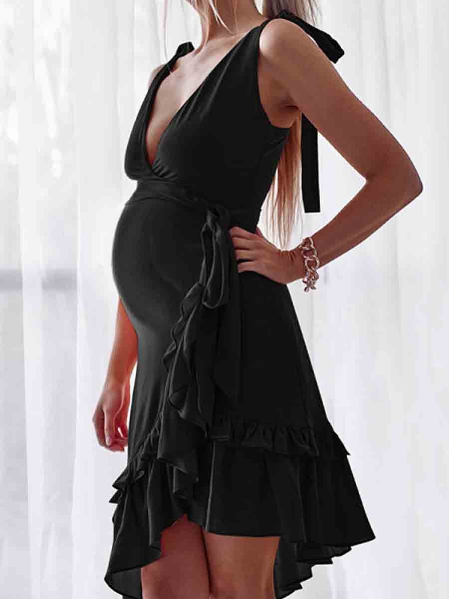 Maternity Deep V Asymmetric Falbala Daily Dress - dianjiang-