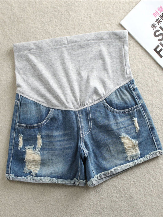 Maternity Hole Frayed Denim Shorts - dianjiang-