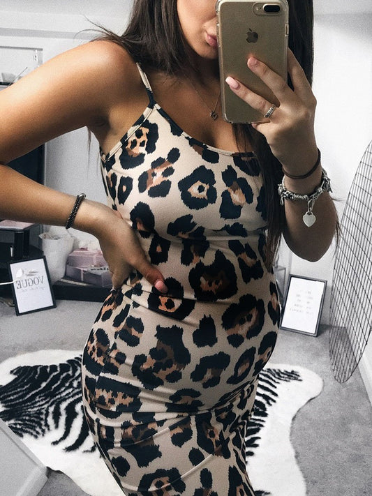 Maternity Fashion Slim Leopard Print Sling Dress - dianjiang-