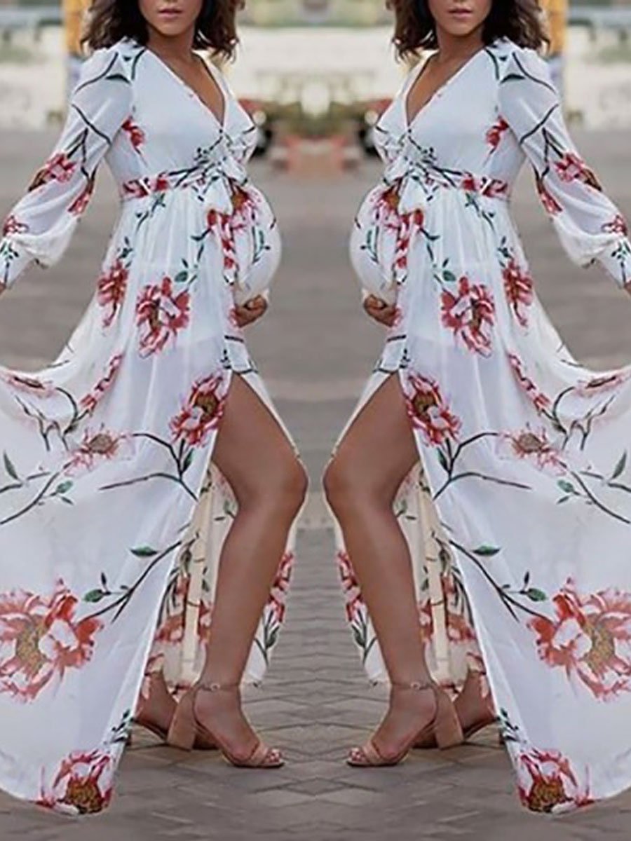 Maternity Fashion Deep V-neck Slit Floral Printed Dress - dianjiang-