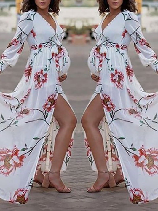 Maternity Fashion Deep V-neck Slit Floral Printed Dress - dianjiang-