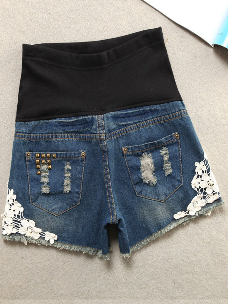 Maternity Lace Maternity Denim Shorts - dianjiang-