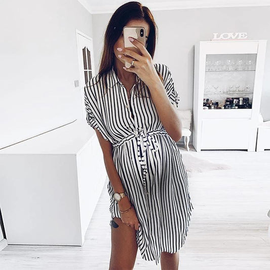 Maternity Fashion Striped Fold Over Collar Single-Breasted Dress - dianjiang-