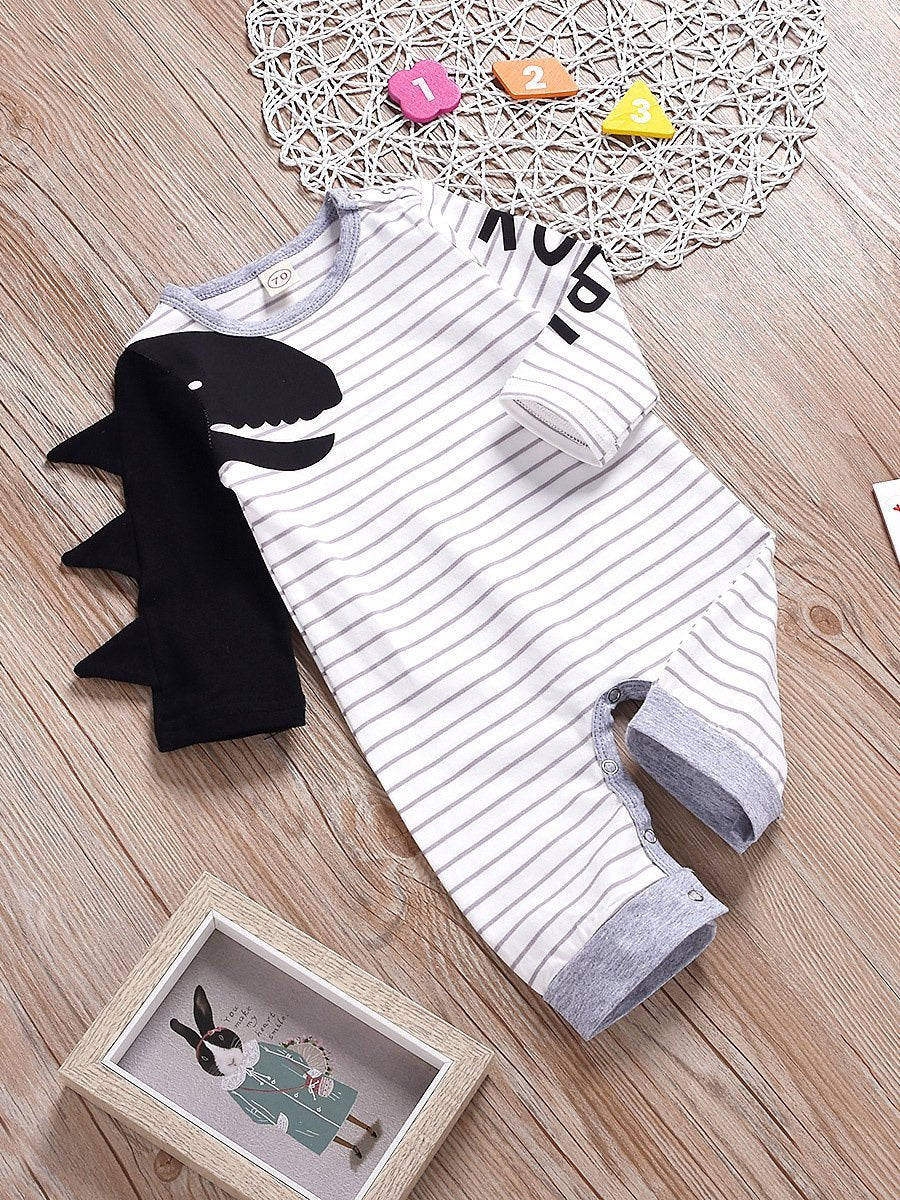 Round Neck Striped Dinosaur Printed Long-sleeved Baby Romper - dianjiang-