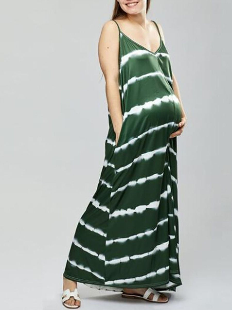 Striped V-Neck Sling Maternity Dress - dianjiang-