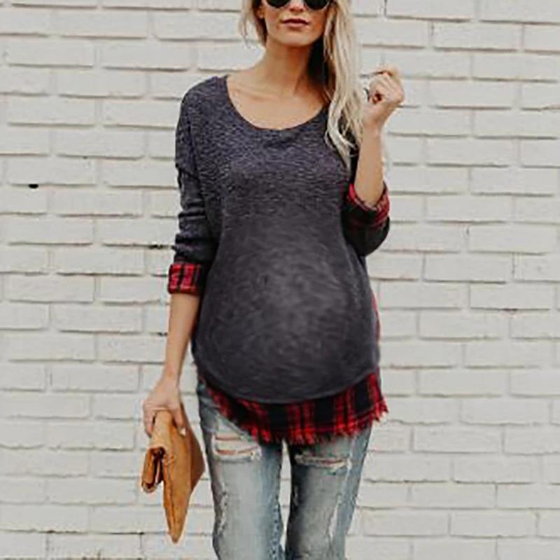 Women's Maternity Round Neck Splicing Check Long Sleeve Blouse - dianjiang-