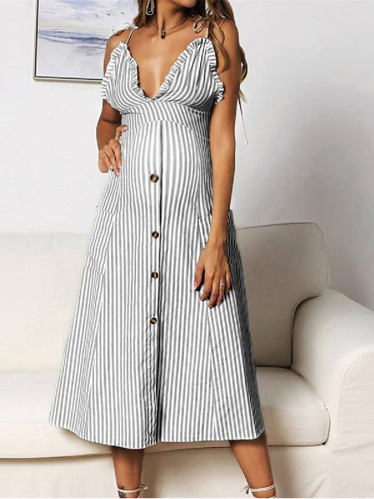 Maternity Sexy Striped Button Dress - dianjiang-