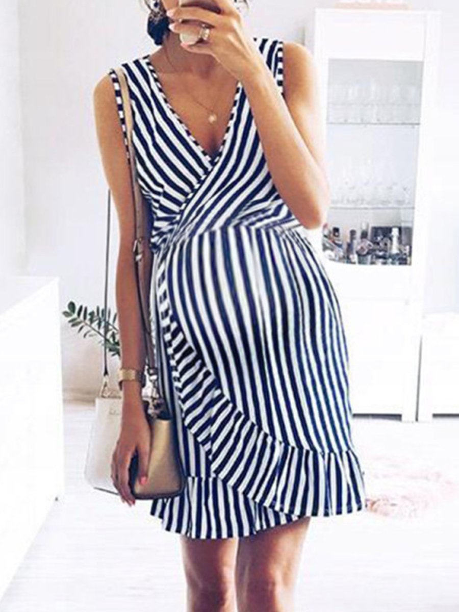 Deep V Sleeveless Stripes Maternity Dress - dianjiang-