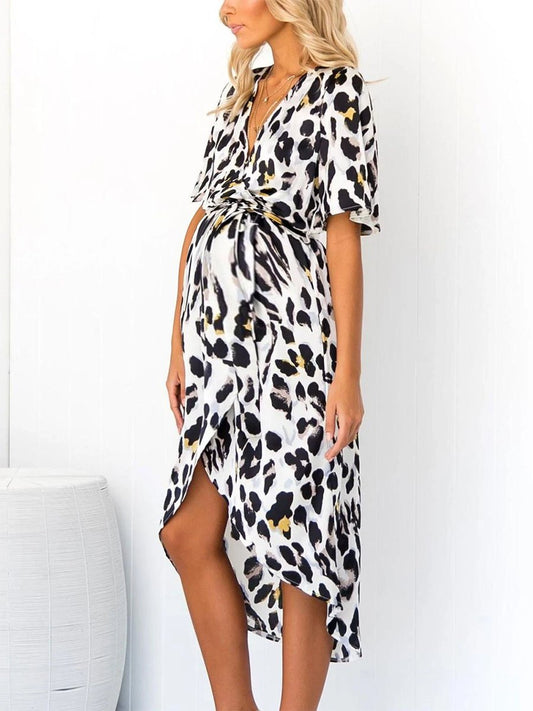 Maternity V-neck Belt Short-sleeved Leopard Print Dress - dianjiang-