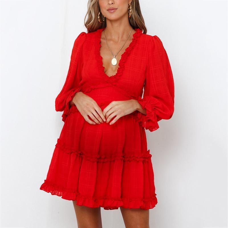 Maternity ruffled solid color dress - dianjiang-