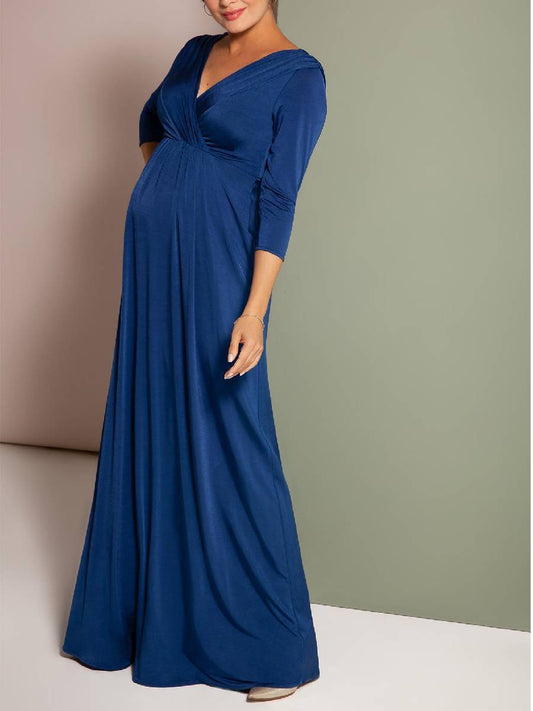 Maternity Solid Color V-Neck Dress - dianjiang-