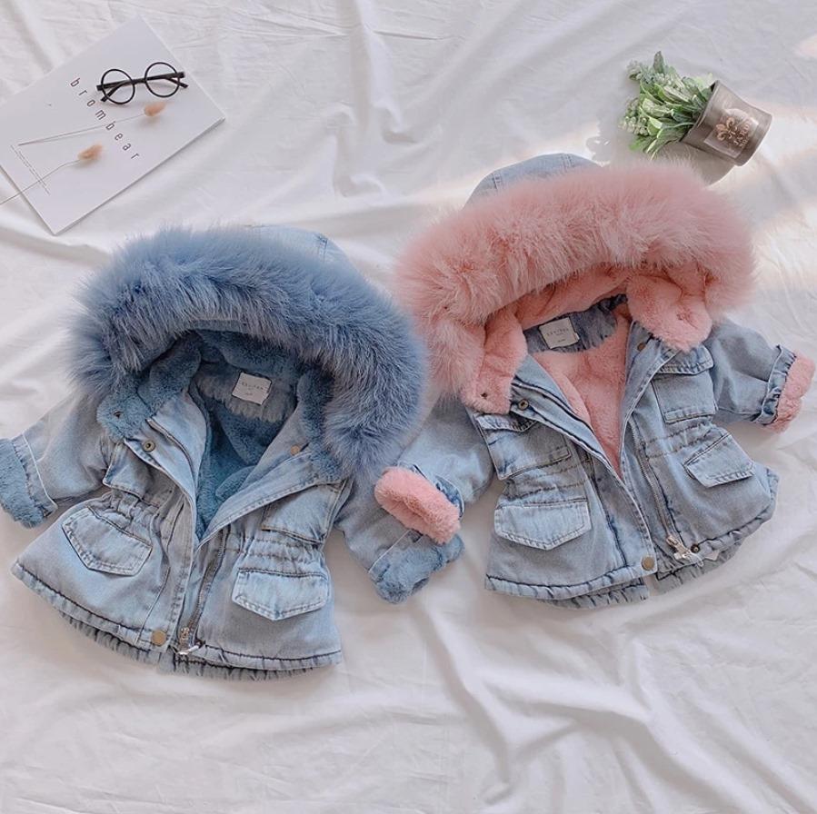 2 Colors Winter Stylish Denim Fur Hooded Winter Coat Jacket Pink and Blue - dianjiang-