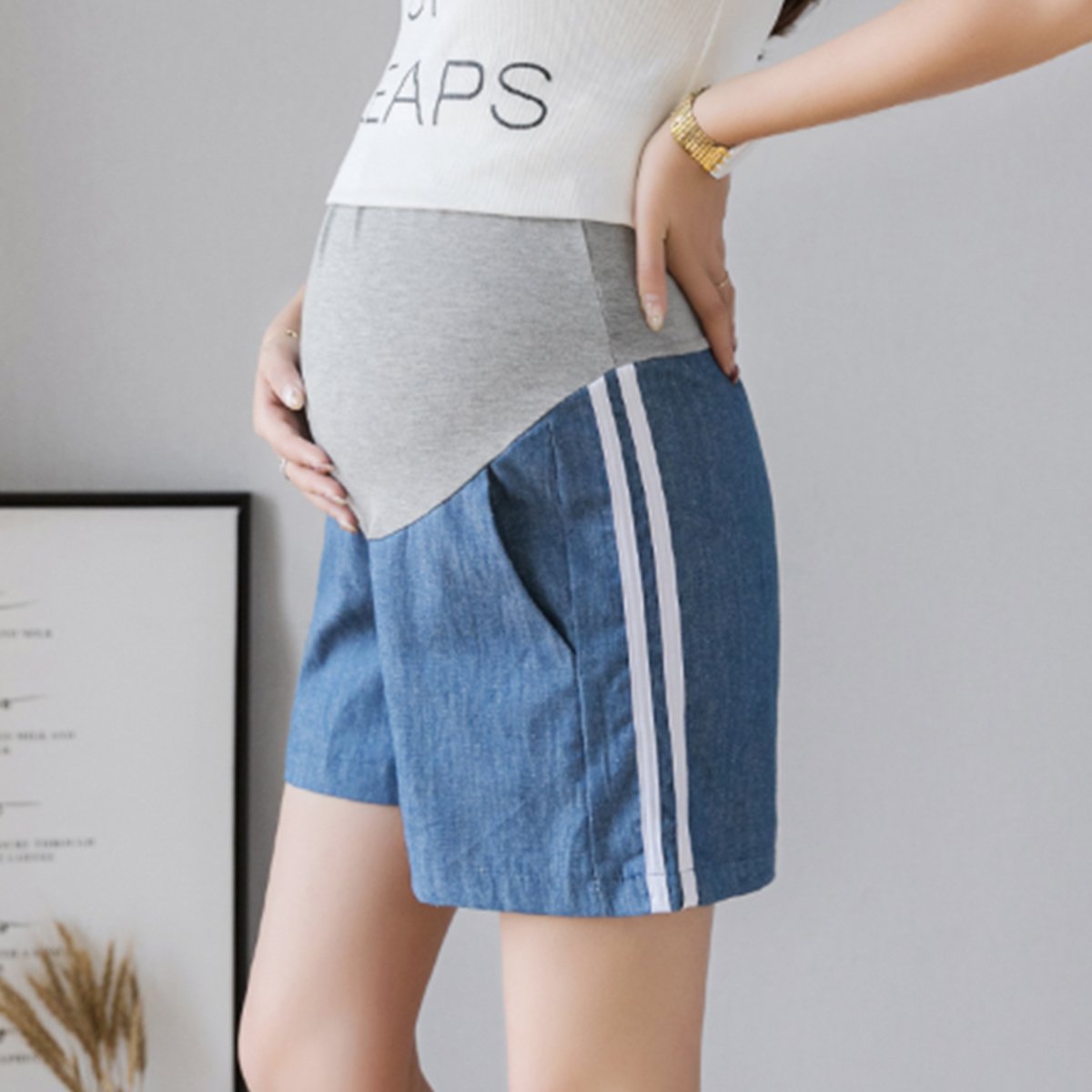 Side Stripe Soft Denim Short Belly Maternity Shorts - dianjiang-