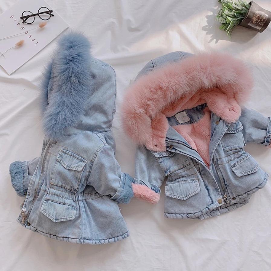 2 Colors Winter Stylish Denim Fur Hooded Winter Coat Jacket Pink and Blue - dianjiang-
