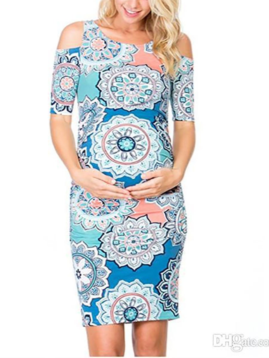 Round Neck Off Shoulder Print Maternity Dress - dianjiang-