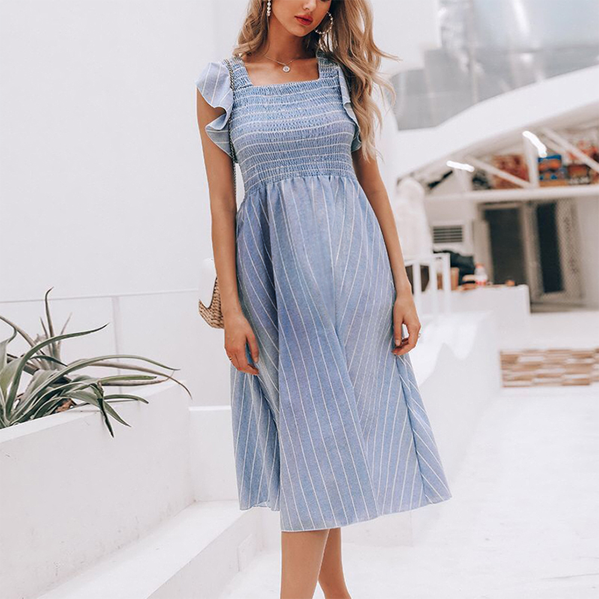 Maternity Pure Color Striped Ruffled Sleeve Dress - dianjiang-