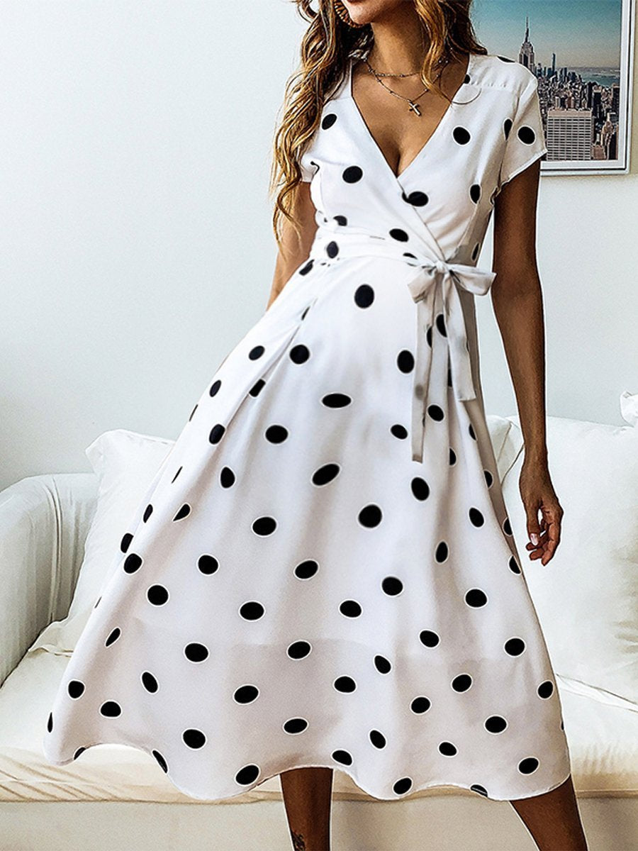 Maternity V-Neck Polka Dots Midi Dress - dianjiang-