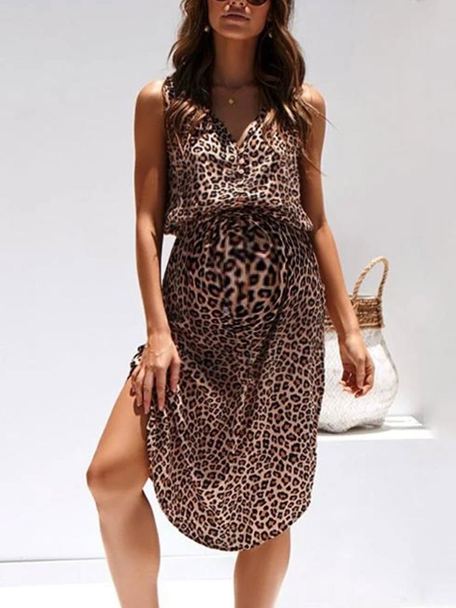 V-Neck Sleeveless Leopard Print Maternity Dress - dianjiang-