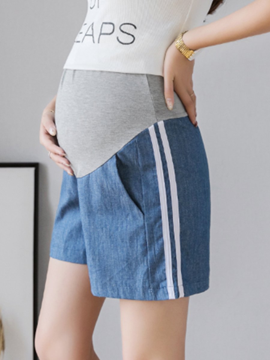 Side Stripe Soft Denim Short Belly Maternity Shorts - dianjiang-