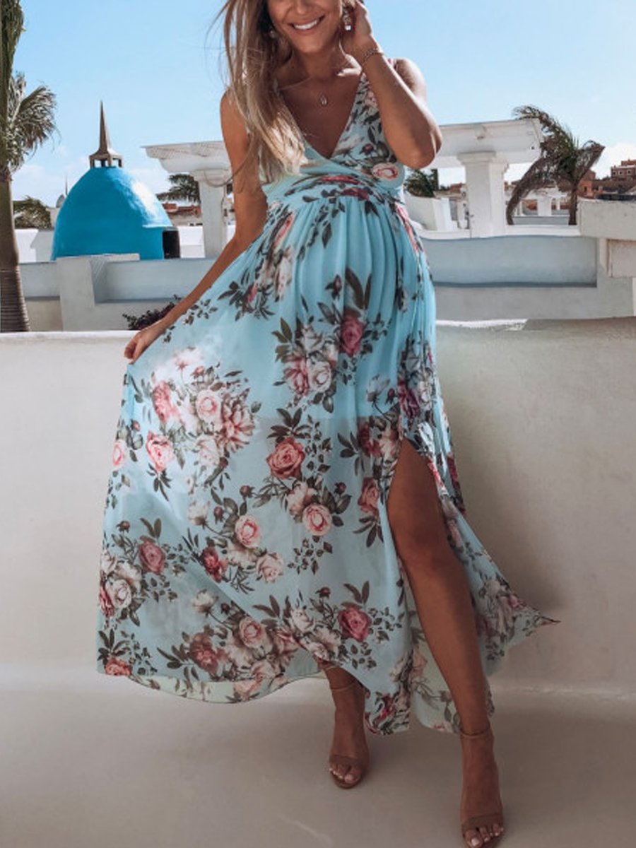 Maternity Print Chiffon Sleeveless Beach Resort Slit Skirt - dianjiang-