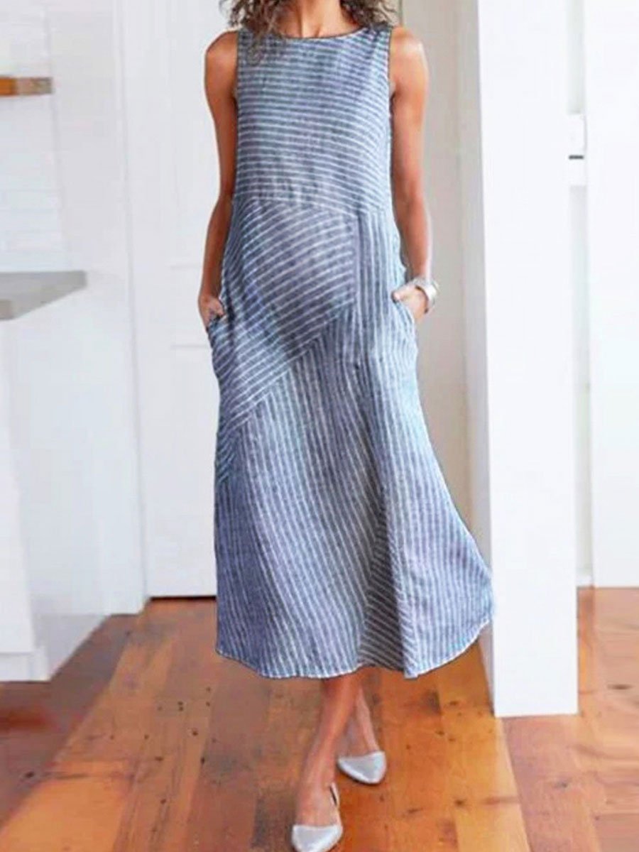 Striped Round Neck Sleeveless Plus Size Maternity Dress - dianjiang-