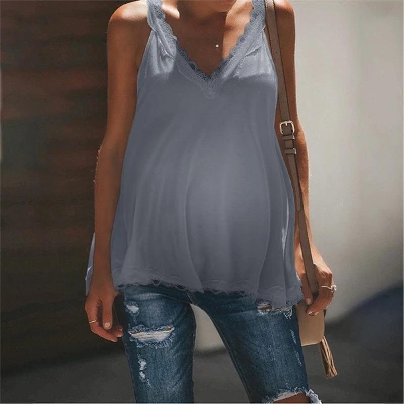 Maternity Solid Color Lace Stitching V-Neck Vest - dianjiang-