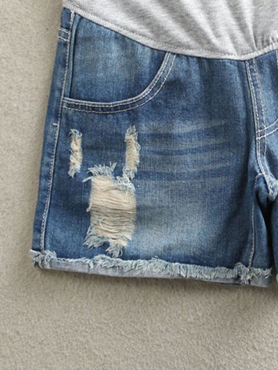 Maternity Hole Frayed Denim Shorts - dianjiang-