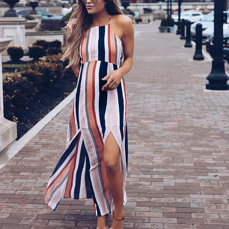 Maternity Striped Suspenders Slit At The Back And Shoulders Maxi Dress - dianjiang-