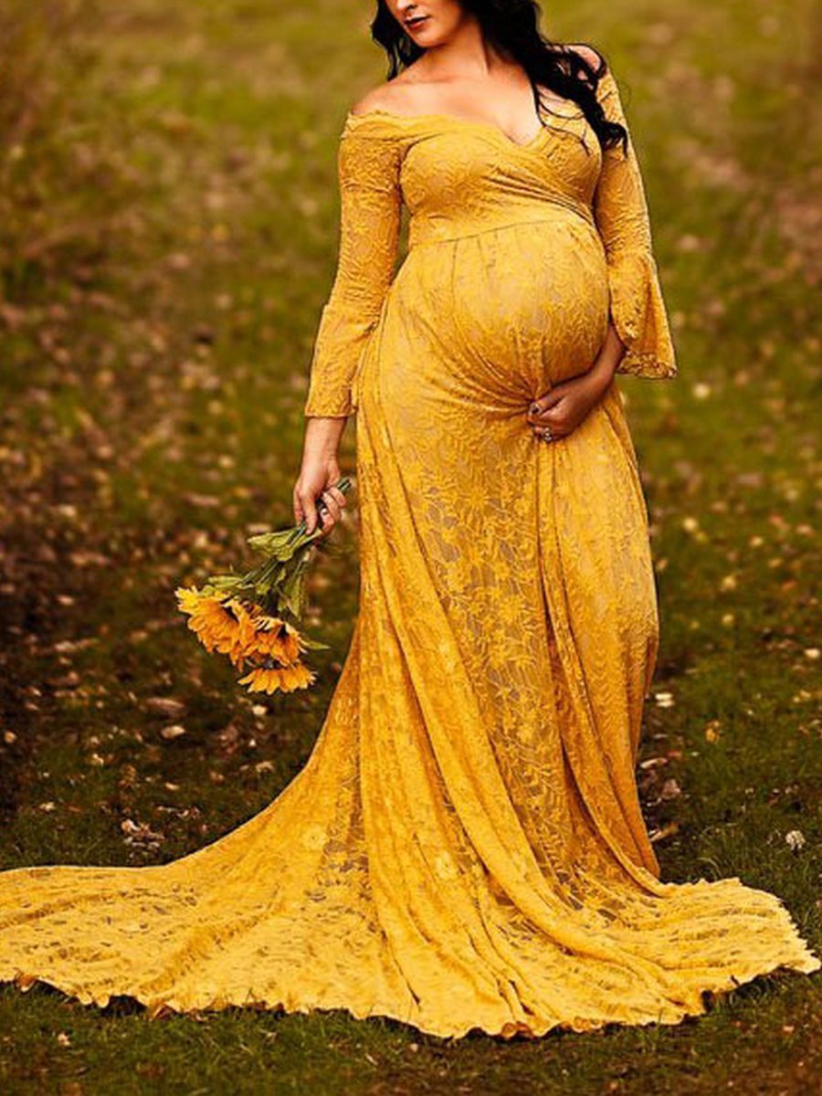 Maternity Elegant Yellow Shoot Dress Long Sleeve Gown - dianjiang-