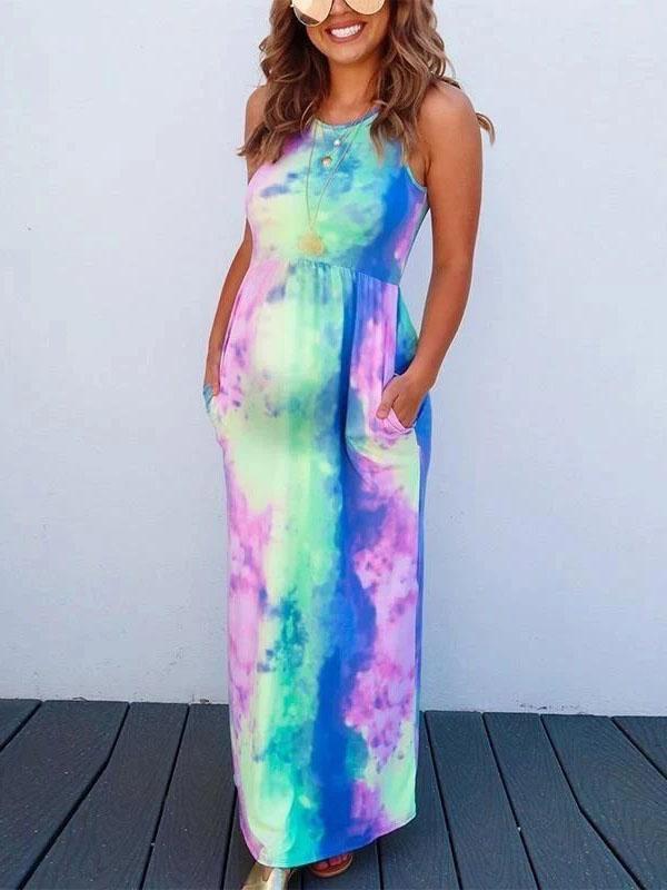 Maternity Tie Dye Round Neck Sleeveless Dress - dianjiang-