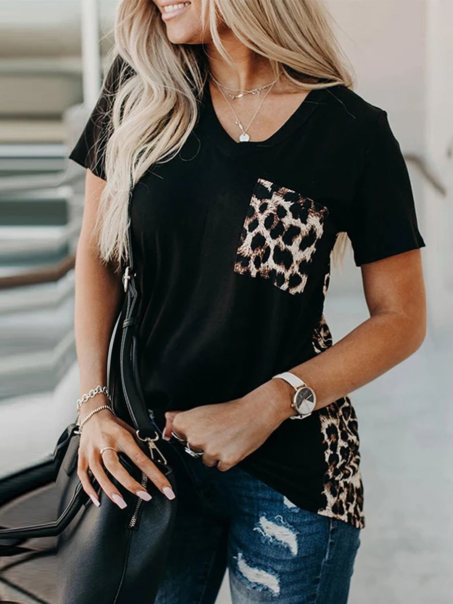 Maternity Leopard Splicing V-Neck T-Shirt - dianjiang-